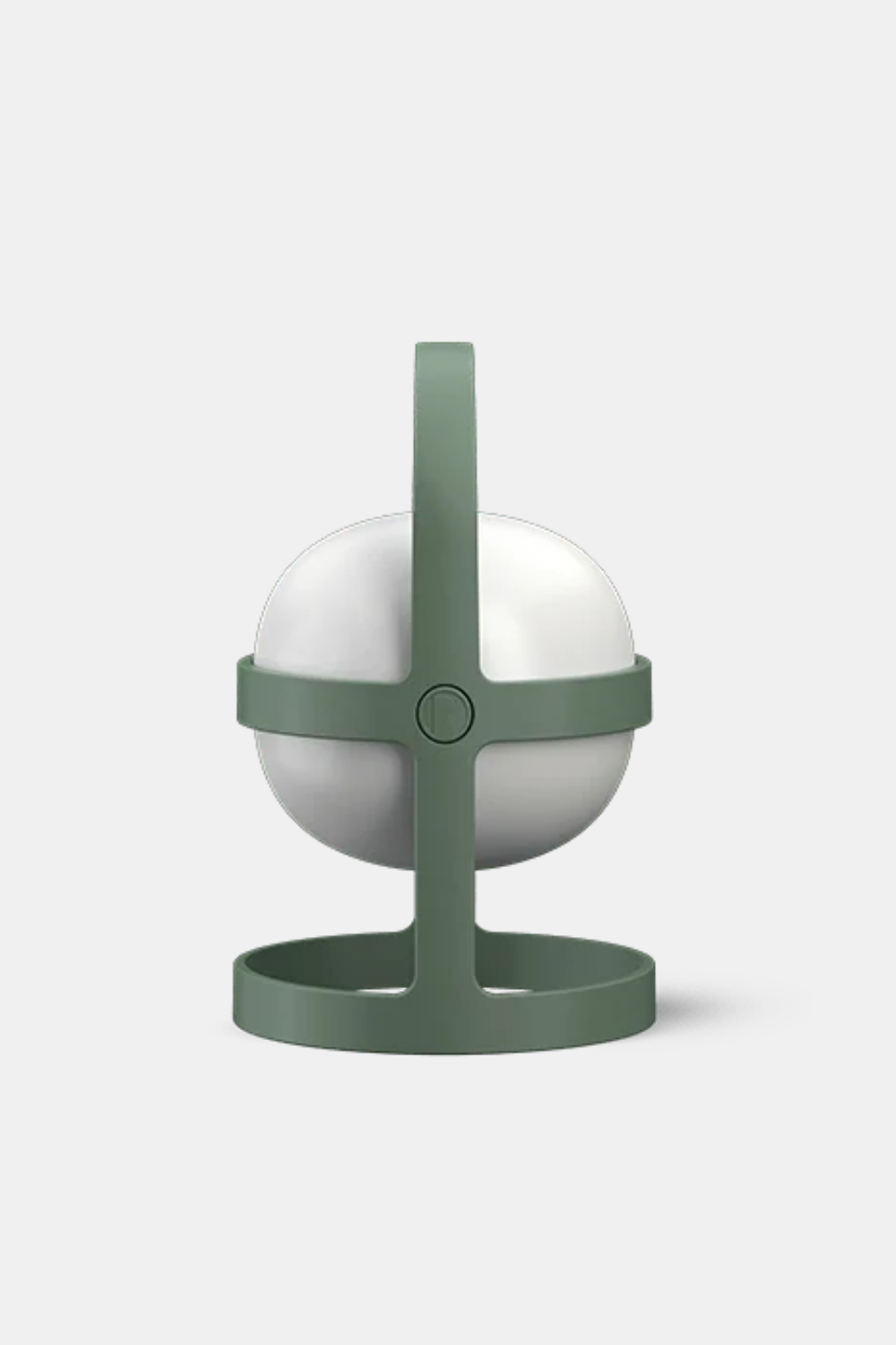 A modern spherical table lamp with a matte white globe and a sage green metal frame and base, shown against a light gray background.
