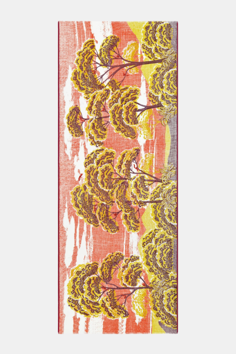A vertical rectangular textile or rug featuring an abstract landscape design with yellow and olive trees against a coral and pink background, shown flat on a light gray backdrop.