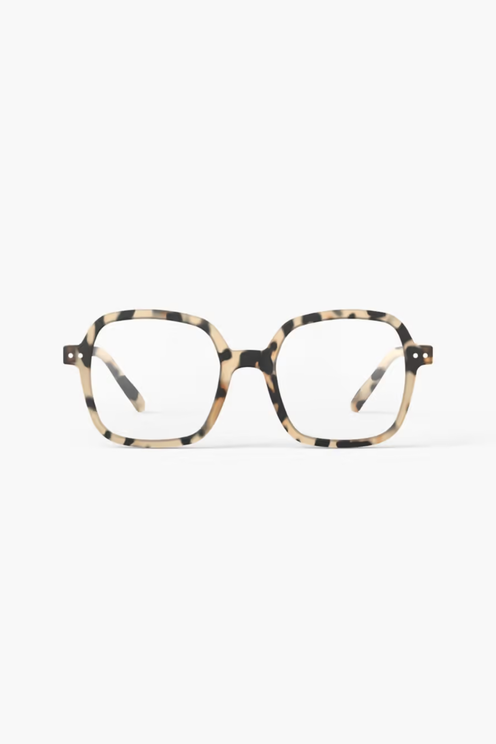 A pair of thick, oversized square eyeglasses with a tortoiseshell pattern in beige, brown, and black, shown against a plain white background.