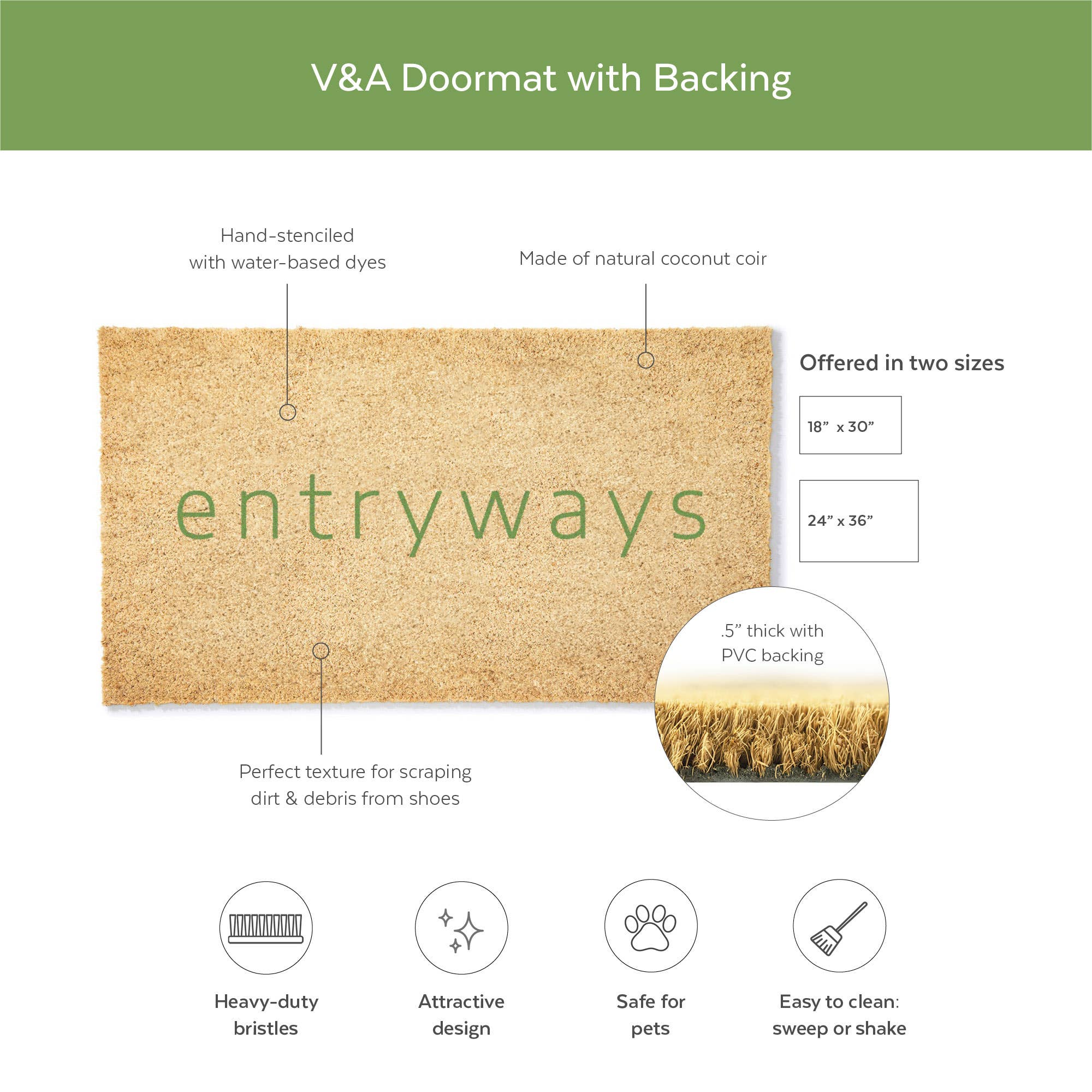 Coconut coir doormat with 'entryways' branding and product features on a white background.