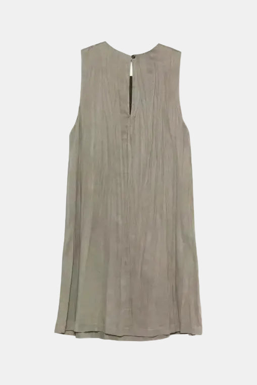 A sleeveless, A-line shift dress in a muted taupe-gray color with a vertical center seam and a small keyhole cutout at the neckline, shown flat against a white background.