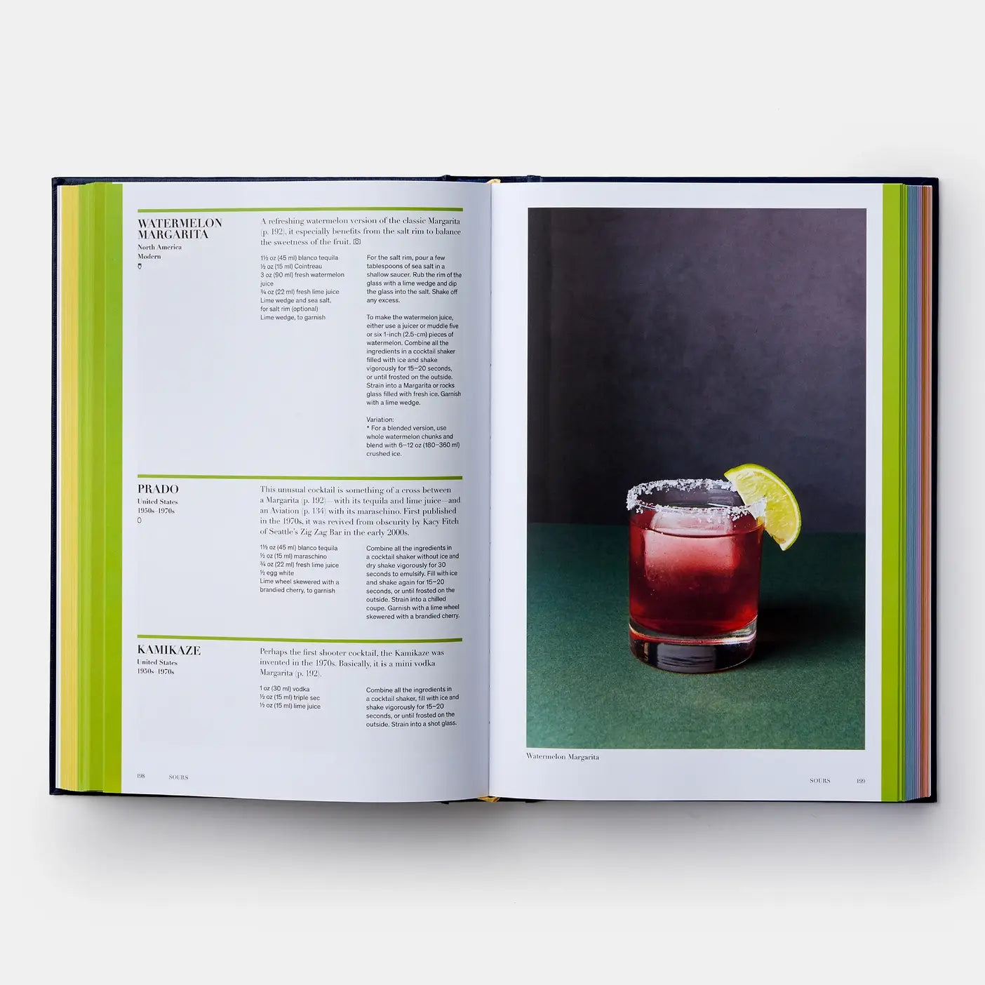 Open book showing a cocktail recipe with a red drink and lime wedge on a green surface.