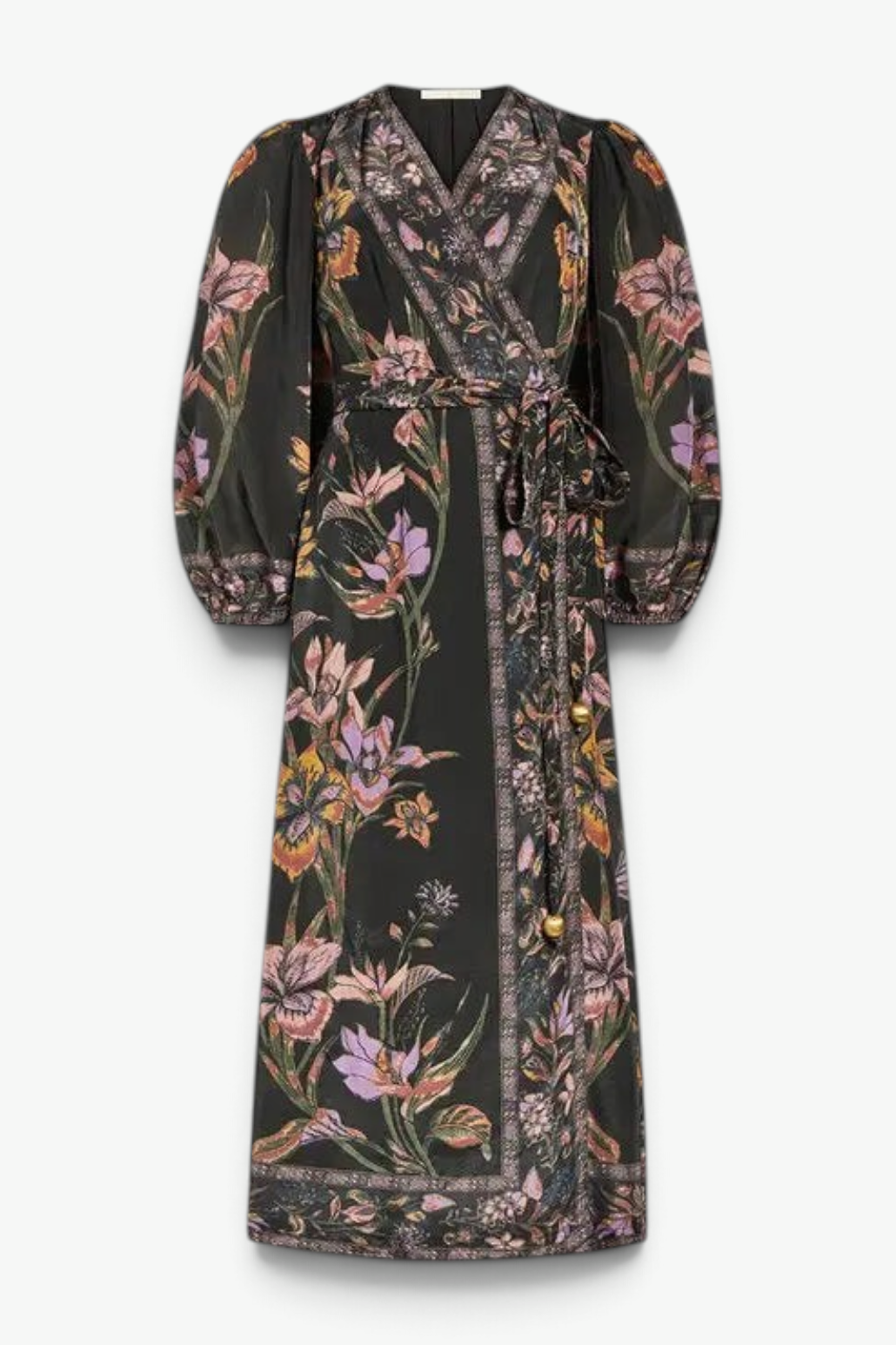 The Copper Shed Everette wrap dress in navy viscose with floral print, dramatic puffed sleeves, and adjustable tie.