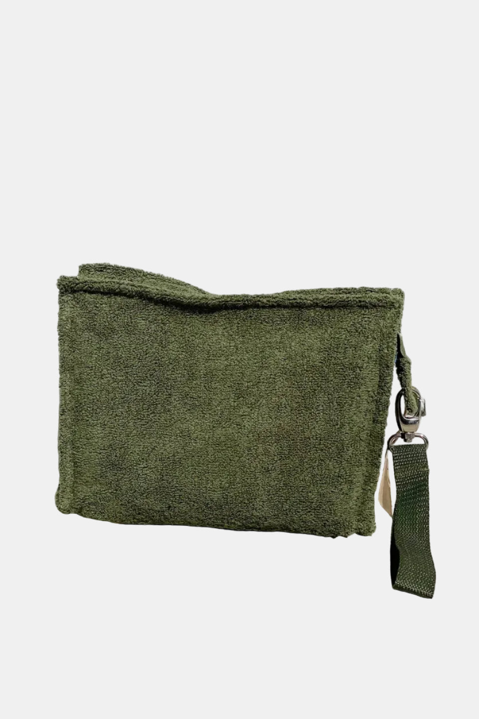 Green pouch with a strap on a textured white surface