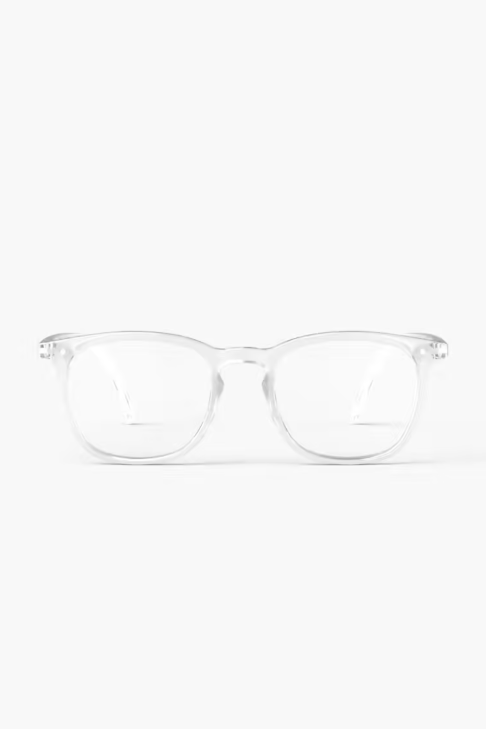 Clear acetate eyeglasses with a thick full-frame design and transparent lenses, shown from the front on a light gray background.