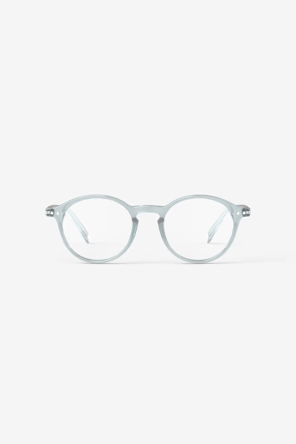 Round eyeglasses with a translucent pale blue-grey acetate frame and clear lenses, shown against a plain white background.