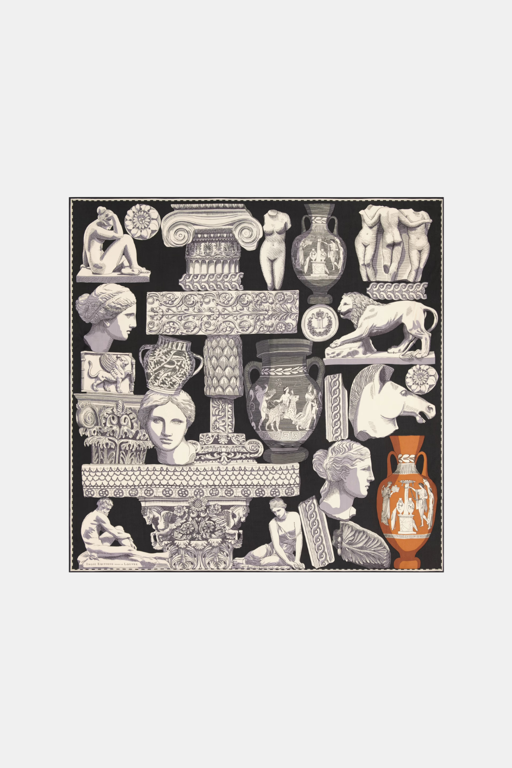 A square scarf featuring a black background with a collage of classical Greek and Roman motifs, including sculptures, columns, urns, and a terracotta-colored vase, shown on a light gray background.