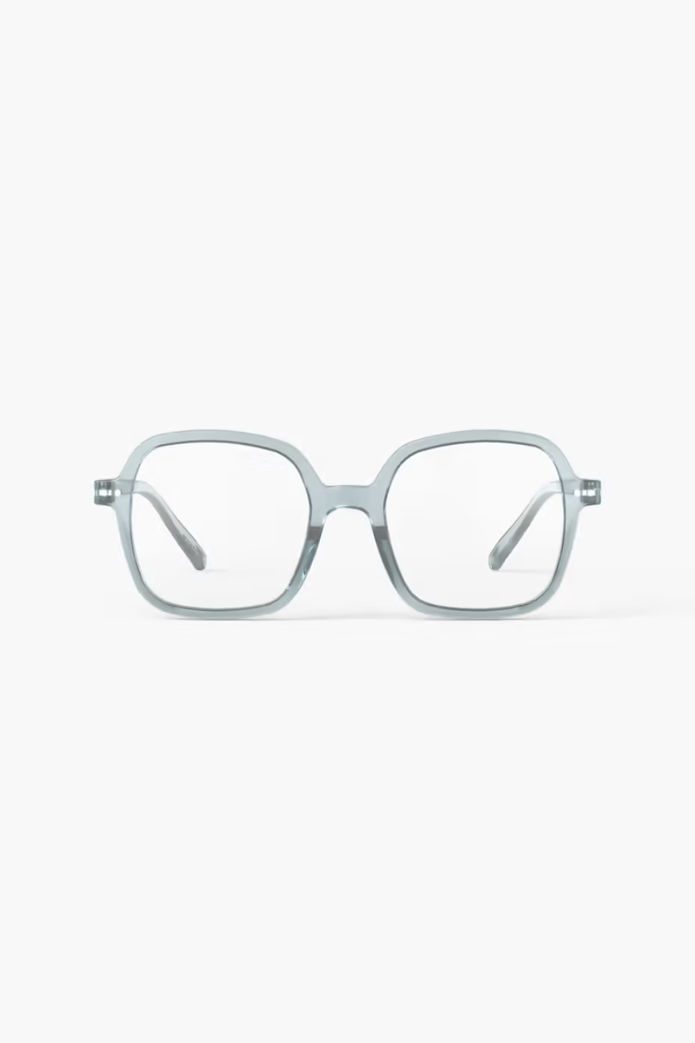 Light blue translucent acetate eyeglass frames with a thick rounded square shape, shown against a plain white background.