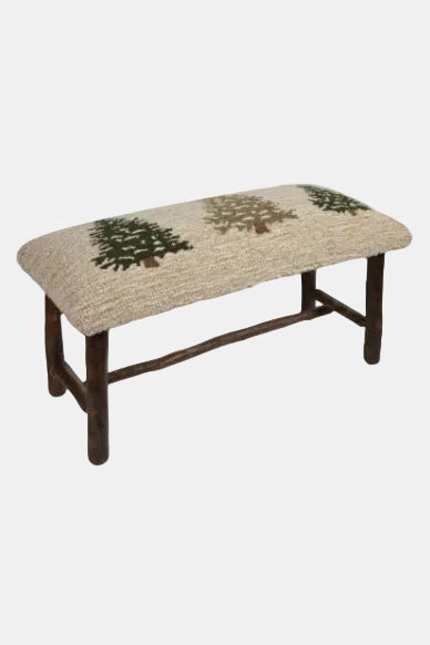 Bench with woven backrest featuring embroidered trees on a white background