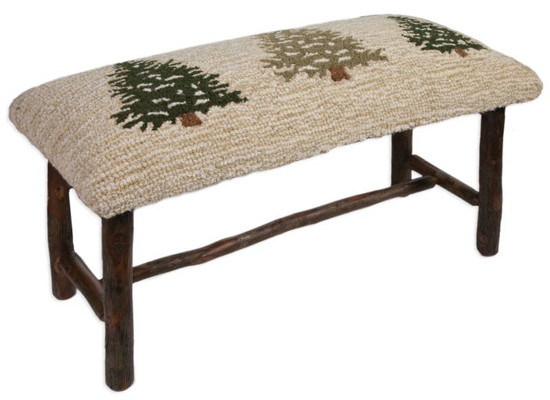 Frosted Trees Christmas Decor: Hooked Wool Top Hickory Bench