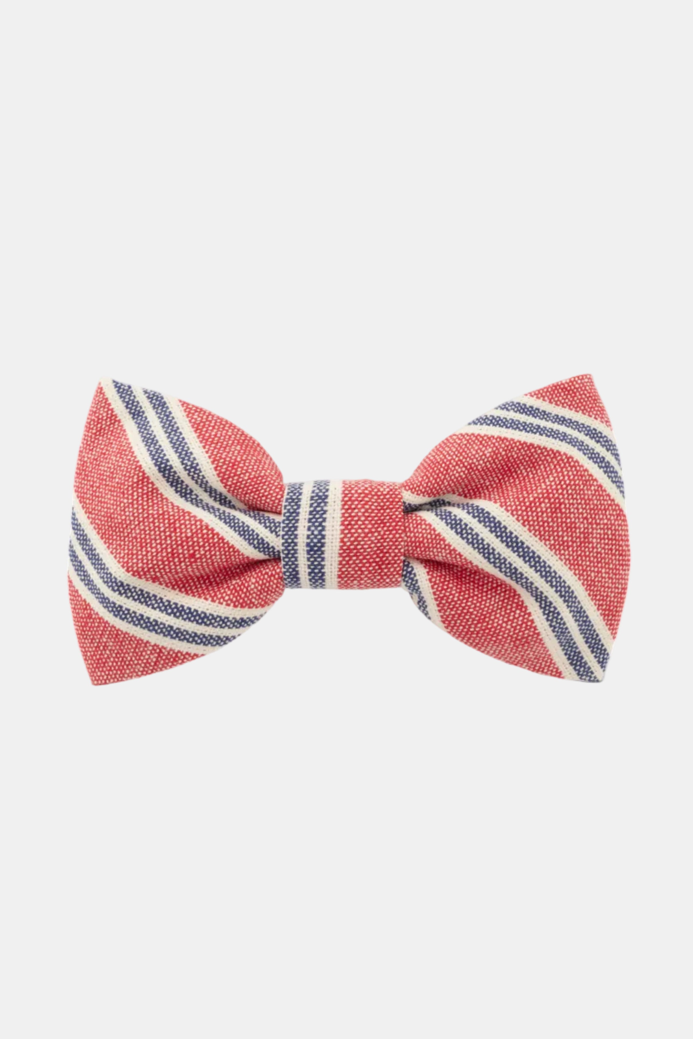 Red and blue striped bow tie on a white background
