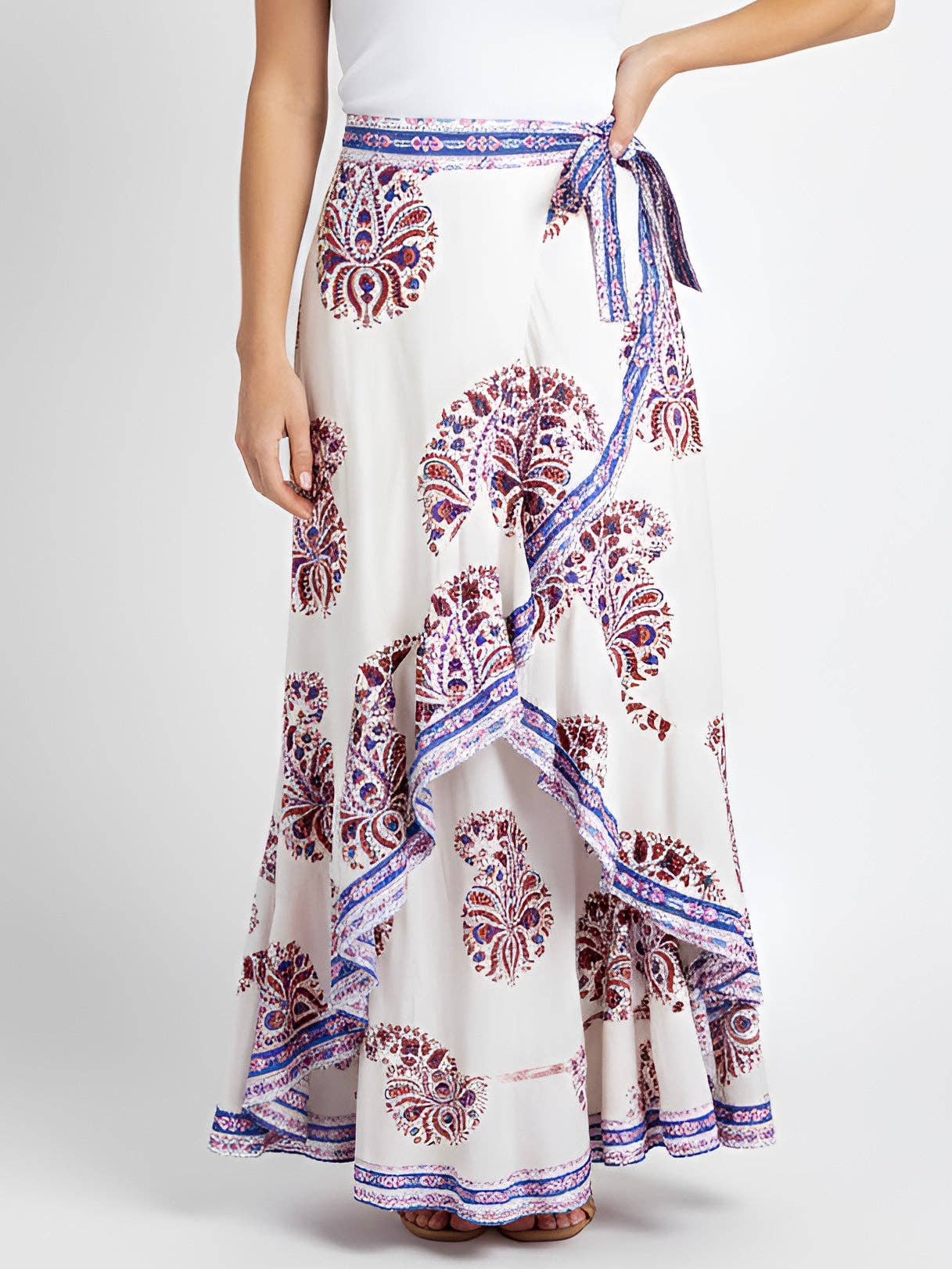 Sheridan Faux Wrap Skirt - Mughal Paisley Block Print, White, Pink and Periwinkle