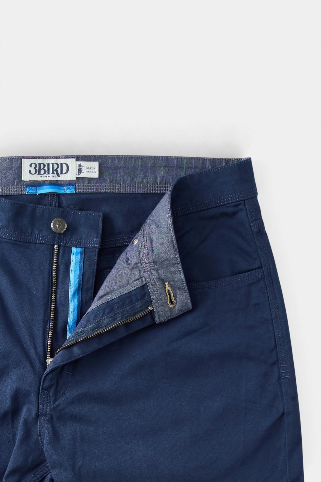 The Copper Shed navy blue organic cotton broken twill pants featuring a YKK zipper fly and classic 5-pocket styling.