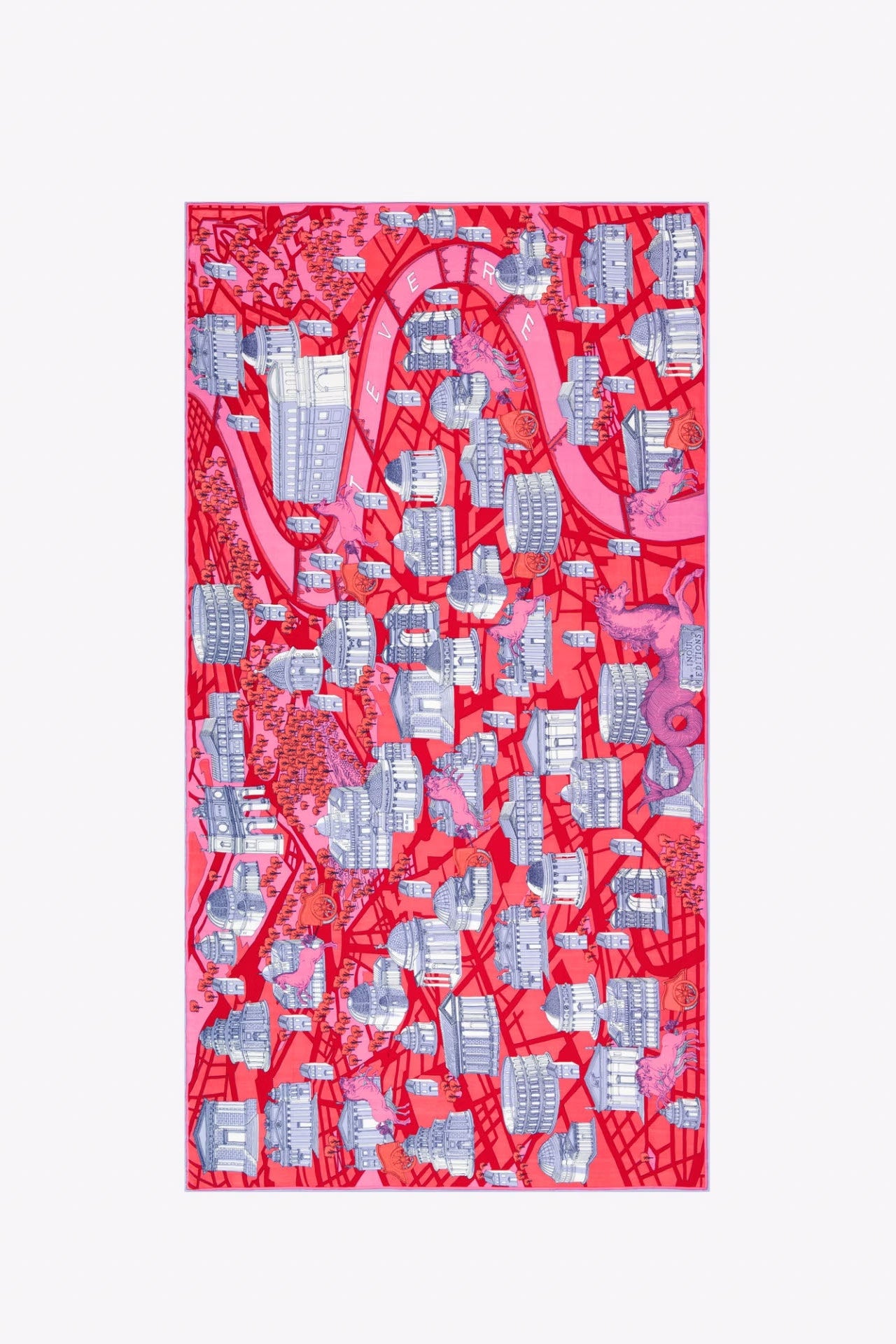A vertical rectangular art print featuring a stylized pink and red map-like illustration with silver-gray building silhouettes, centered on a light gray background.
