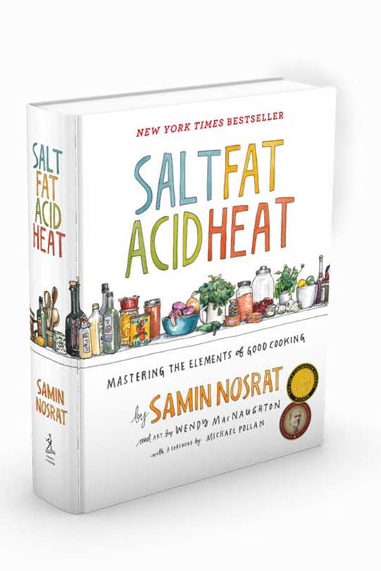 Book titled 'Salt Fat Acid Heat' by Samin Nosrat on a white background