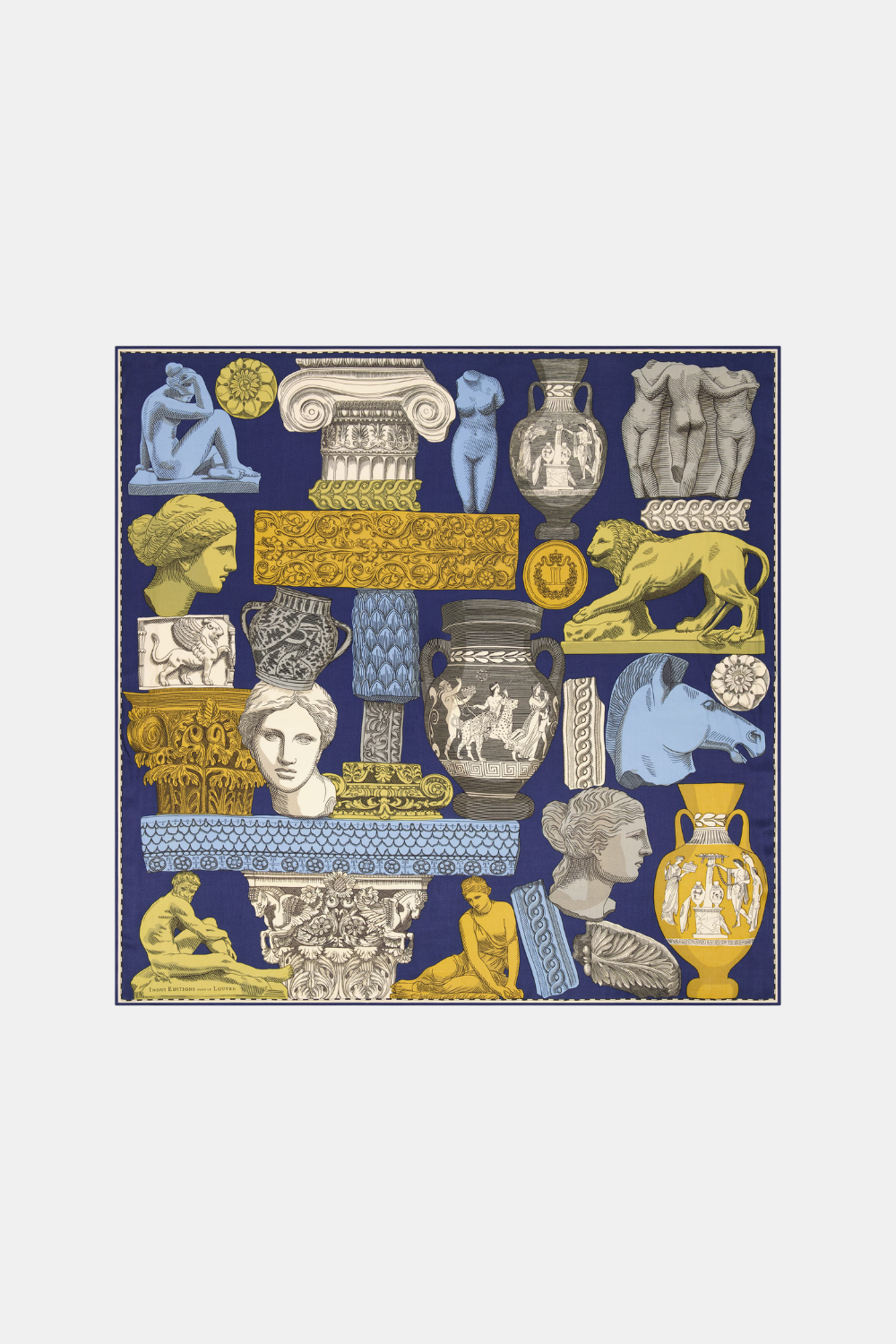 A square scarf featuring a classical Greek and Roman theme collage print on a navy blue background, with motifs of vases, columns, statues, lions, and busts in gold, beige, and light blue.