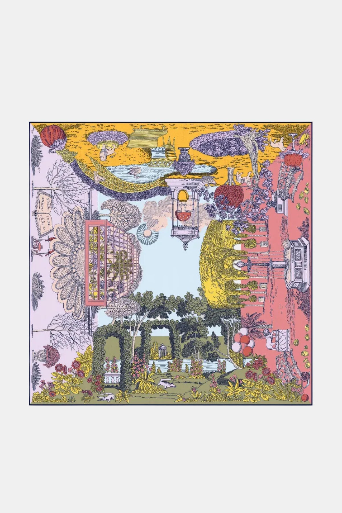 A square scarf featuring a highly detailed, whimsical garden illustration with multiple colors including yellow, pink, green, purple, and blue, shown flat against a light gray background.