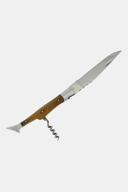 Knife with wooden handle and corkscrew on a white background