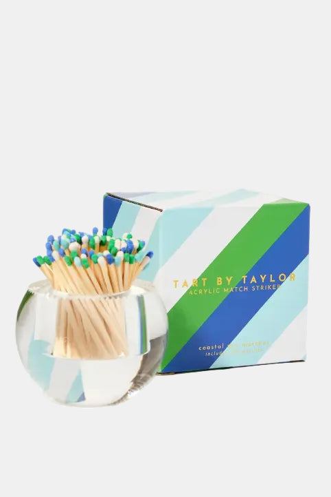 Match striker with colorful matches and a branded box on a white background
