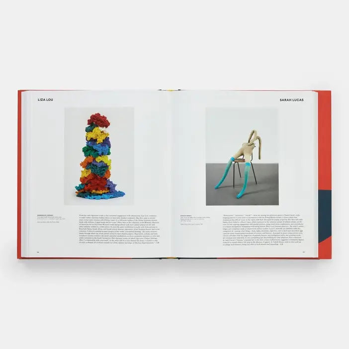 Open book showing two pages with colorful sculpture on one and abstract art on the other.