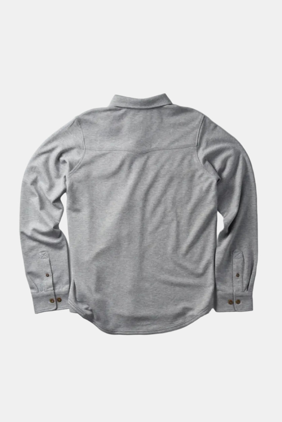 A light gray heather long-sleeve button-down shirt shown from the back, laid flat on a light gray background.