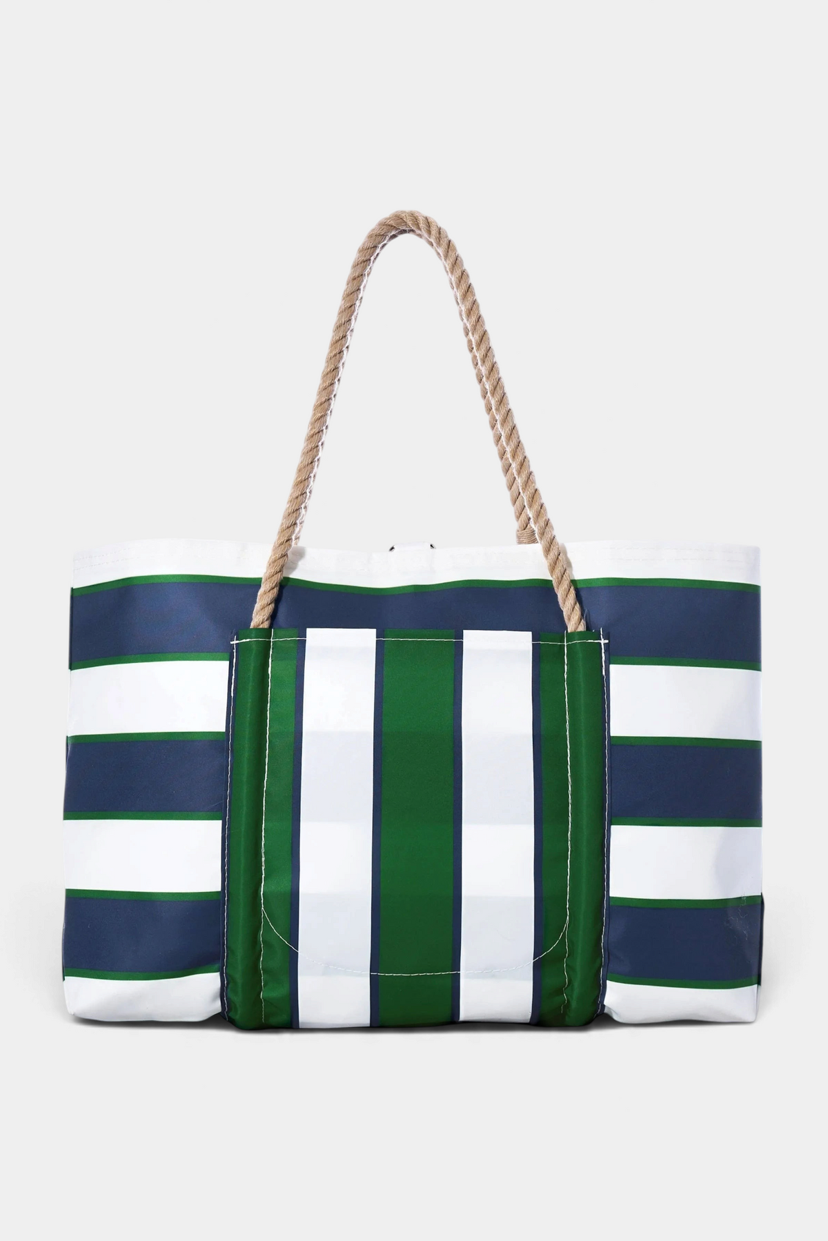 Striped tote bag with navy, green, and white colors on a white background