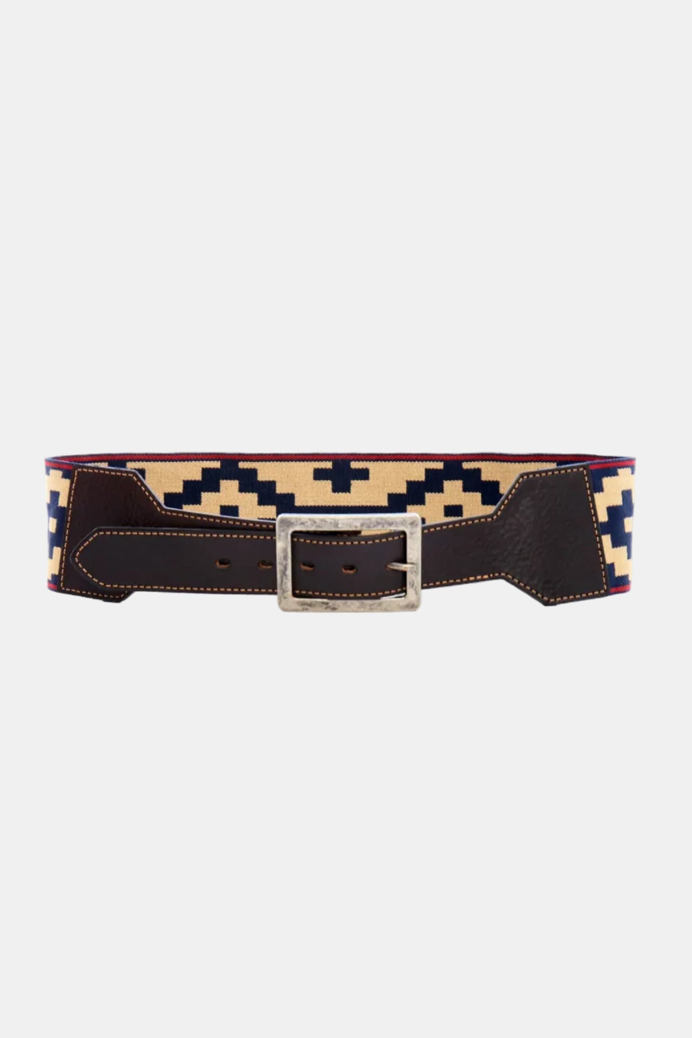 Belt with geometric pattern and leather buckle on a white background