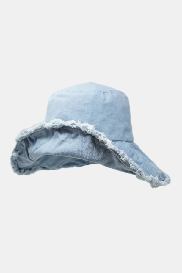 Light blue denim baby bonnet on a white background