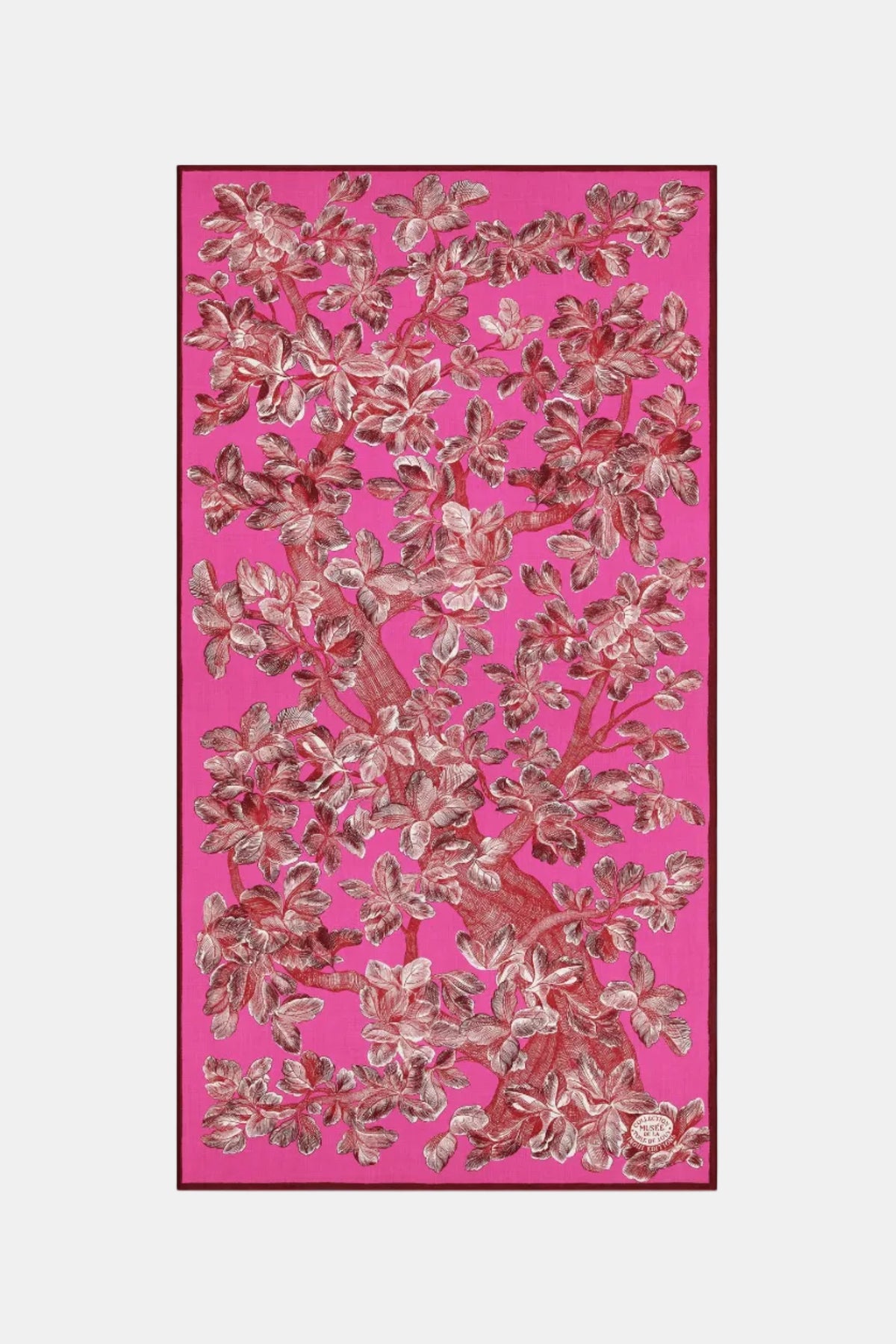 A rectangular scarf, featuring a vibrant pink background with an all-over floral pattern in shades of dusty rose, mauve, and burgundy.