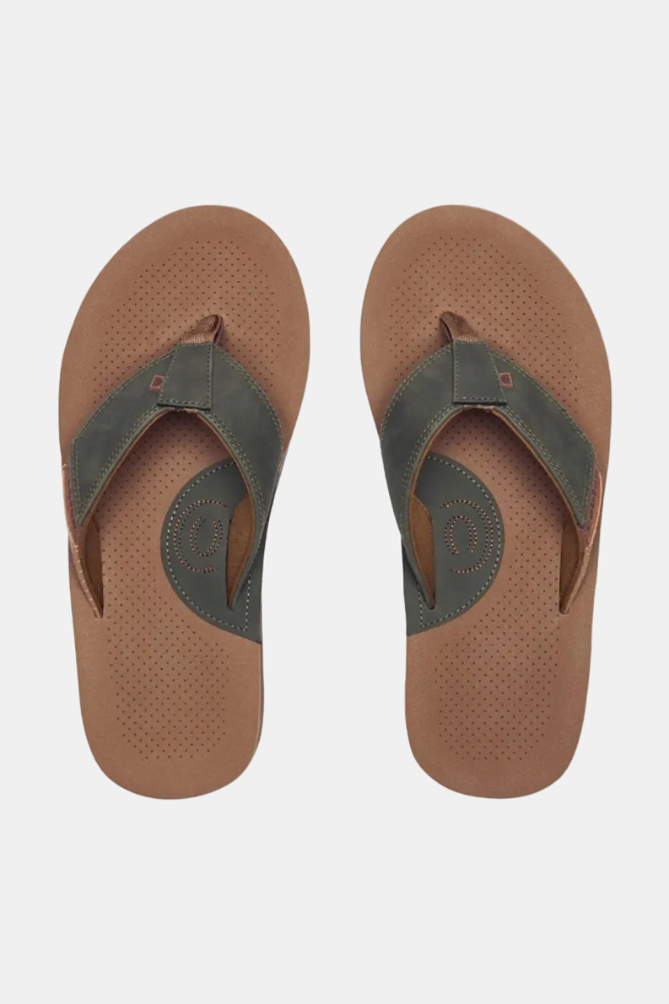 Pair of brown sandals with green straps on a white background