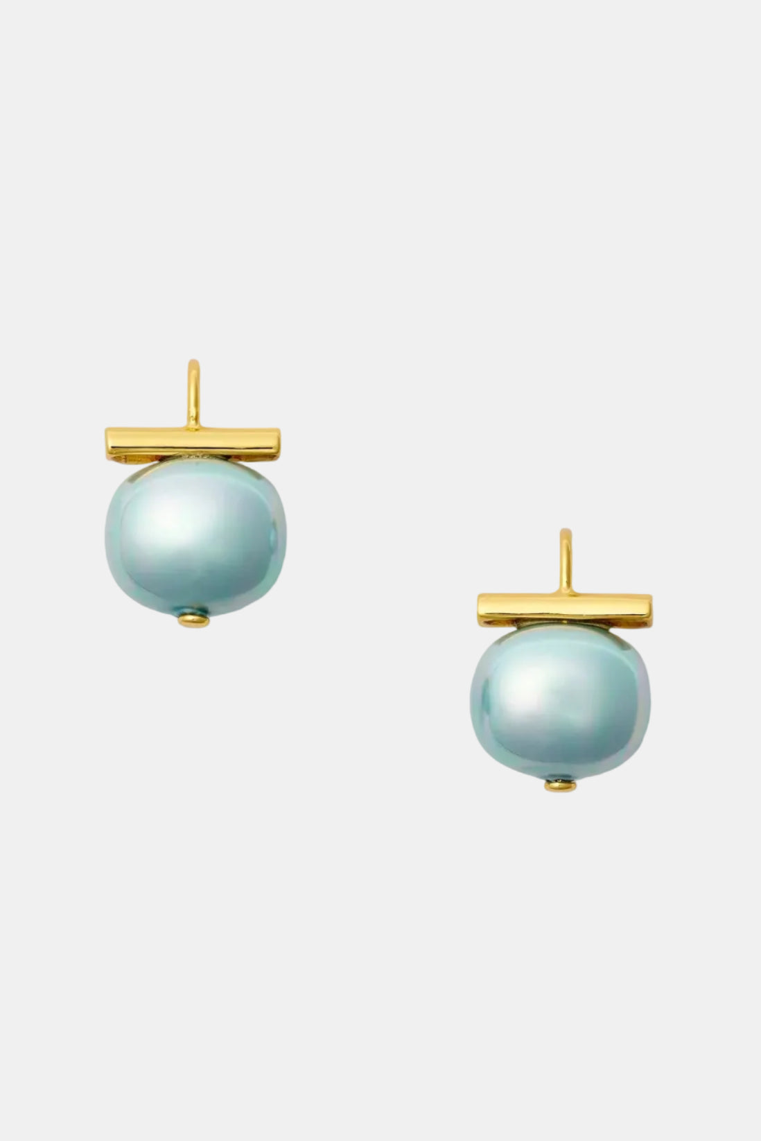 A pair of gold bar stud earrings featuring a round, lustrous light blue-green freshwater pearl, shown on a clean white background.