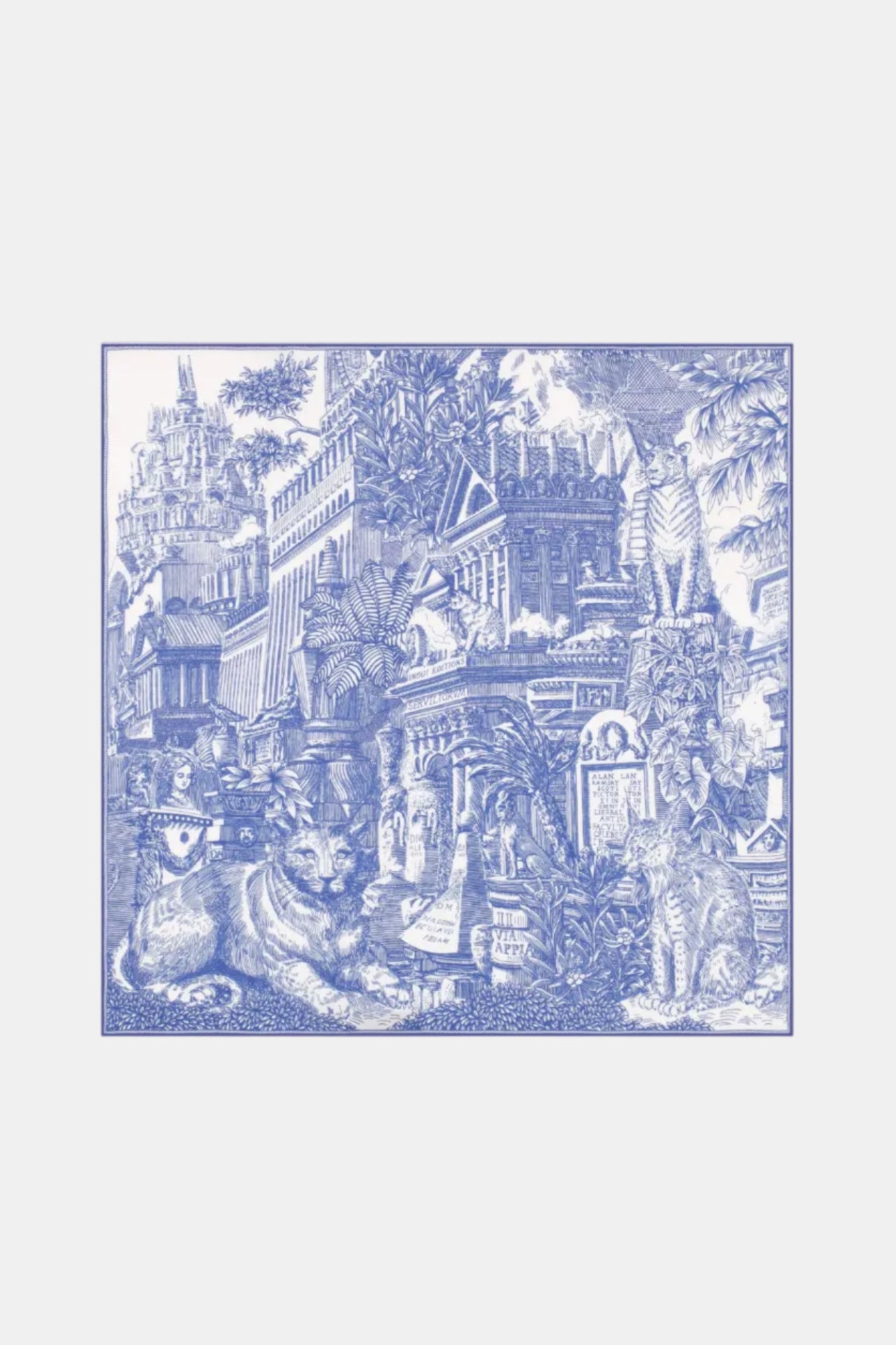A square decorative print or tile featuring a detailed blue and white toile-style illustration with buildings, foliage, and animals, centered on a light gray background.