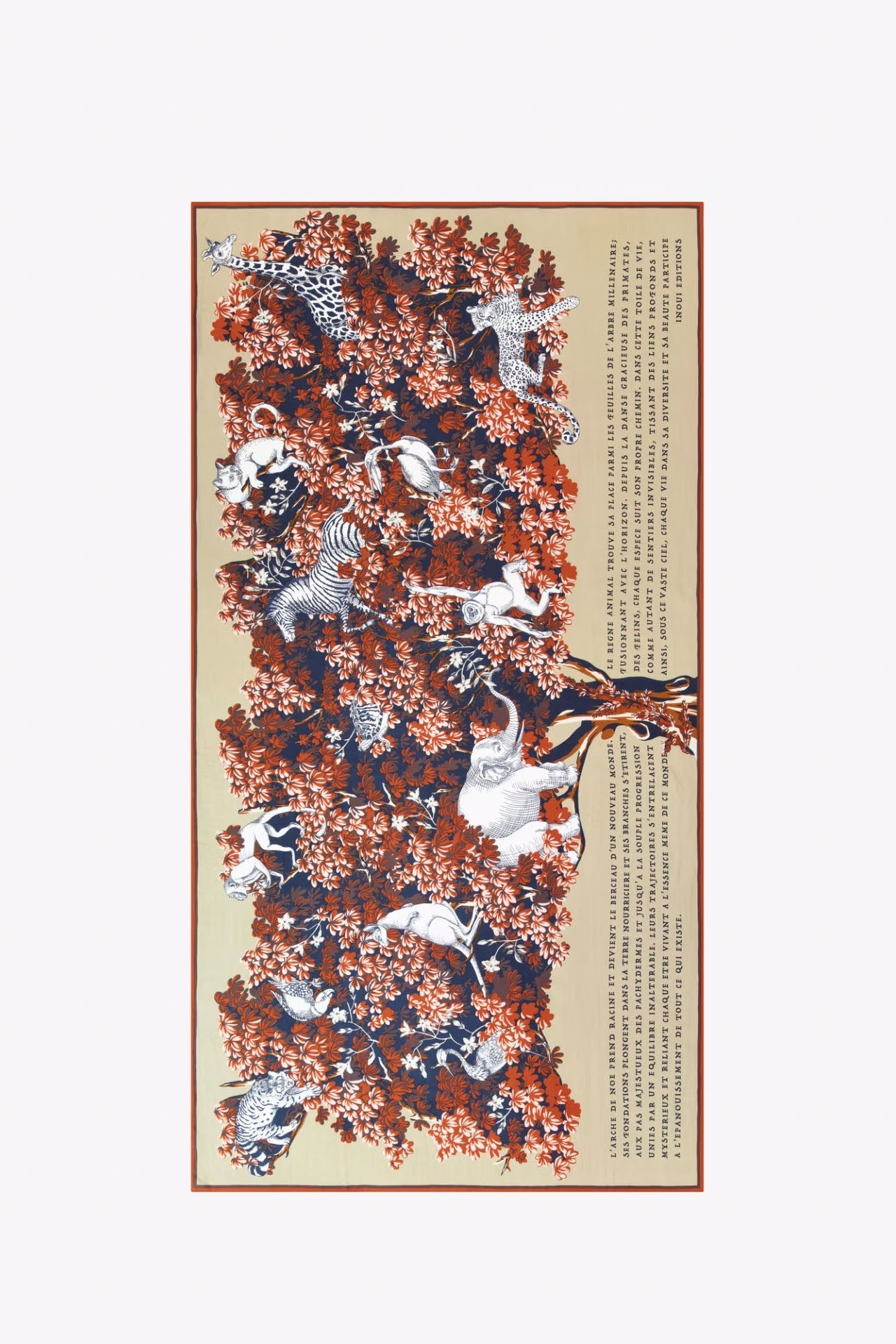 A rectangular art print or poster featuring a detailed illustration of white cranes among reddish-brown and dark blue trees, with vertical blocks of text along the right side, shown against a light gray background.