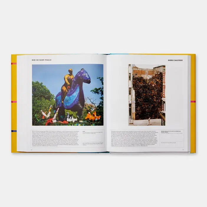 Open book showing images of sculptures and architecture on a white background