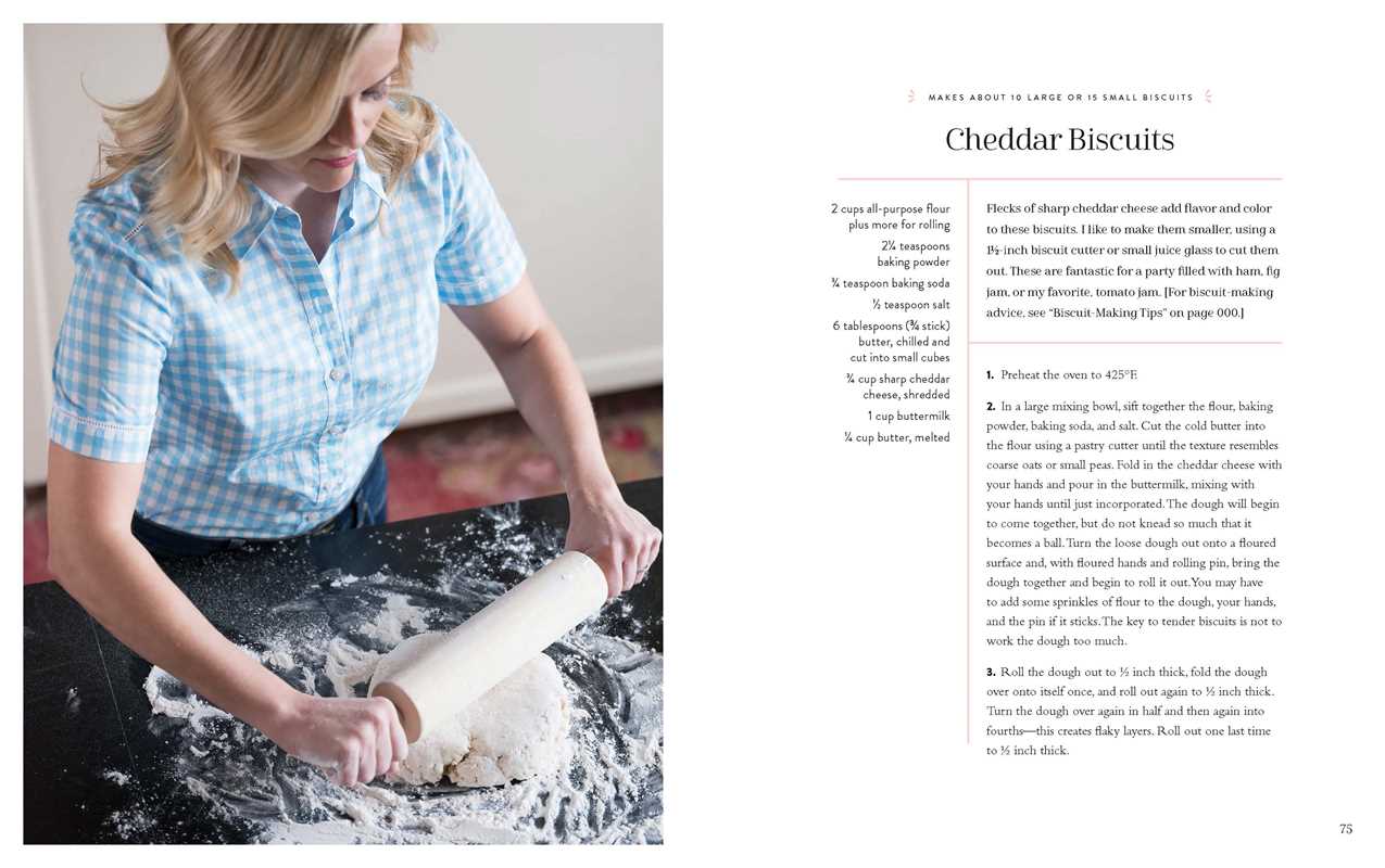 Woman rolling out dough with a rolling pin on a floured surface, next to a recipe for Cheddar Biscuits.