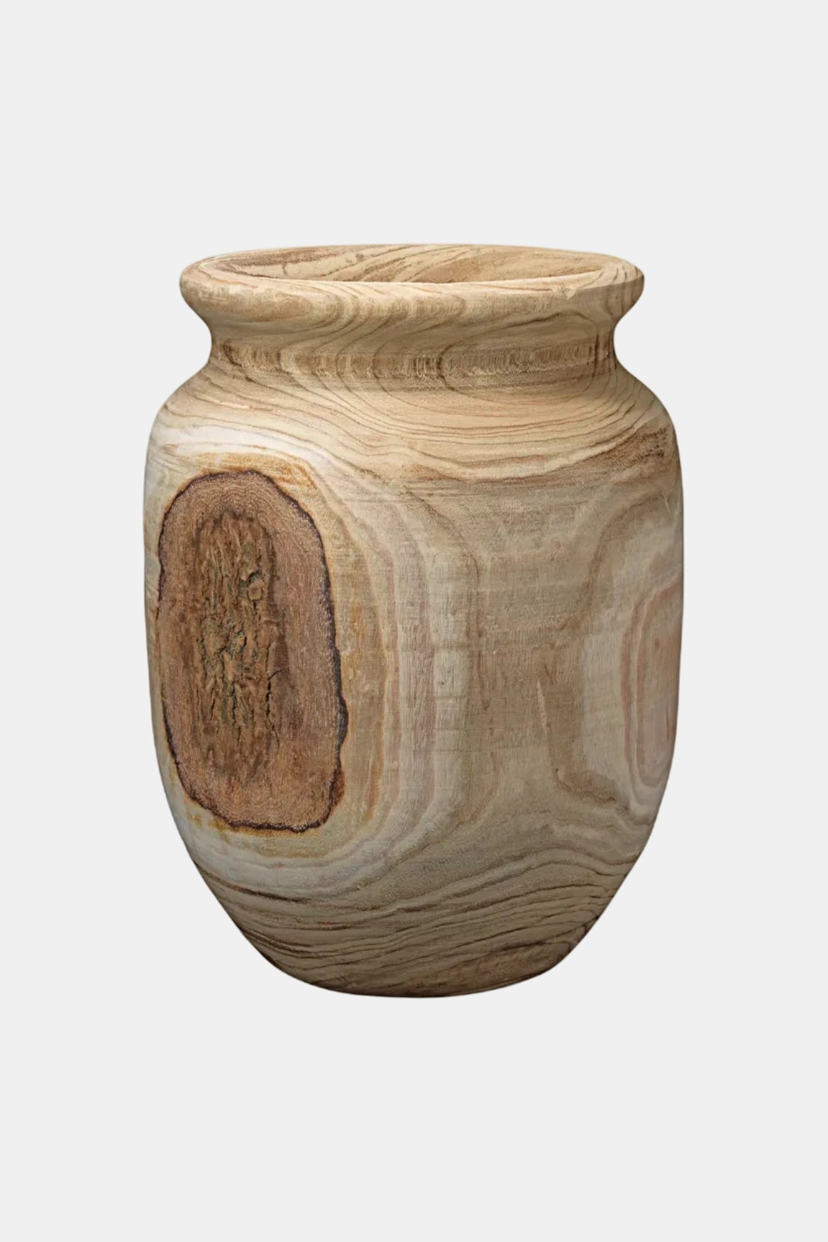 Wooden urn with a natural grain pattern on a white background