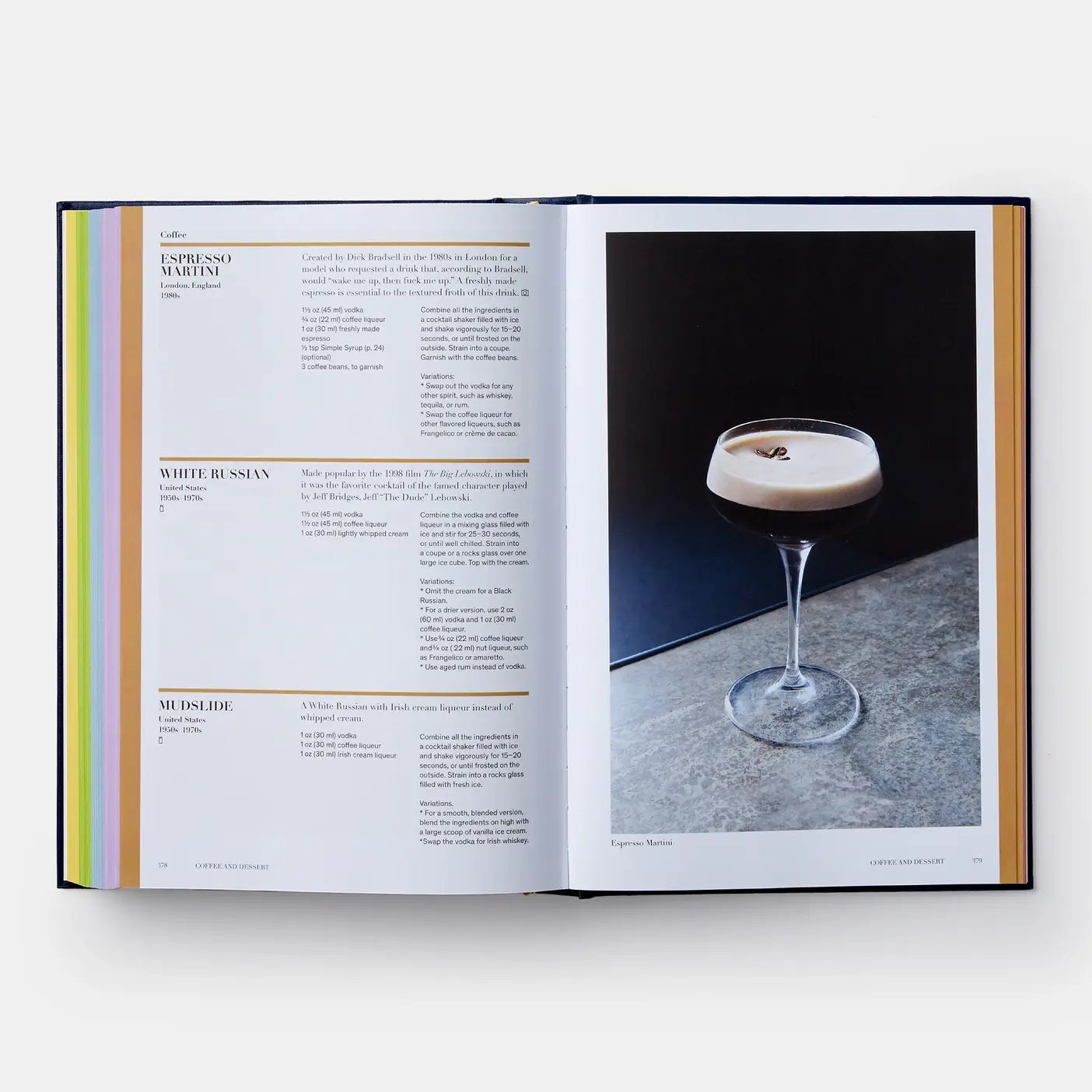 Open book showing a recipe for an espresso drink with a photograph of a glass of coffee on a white background