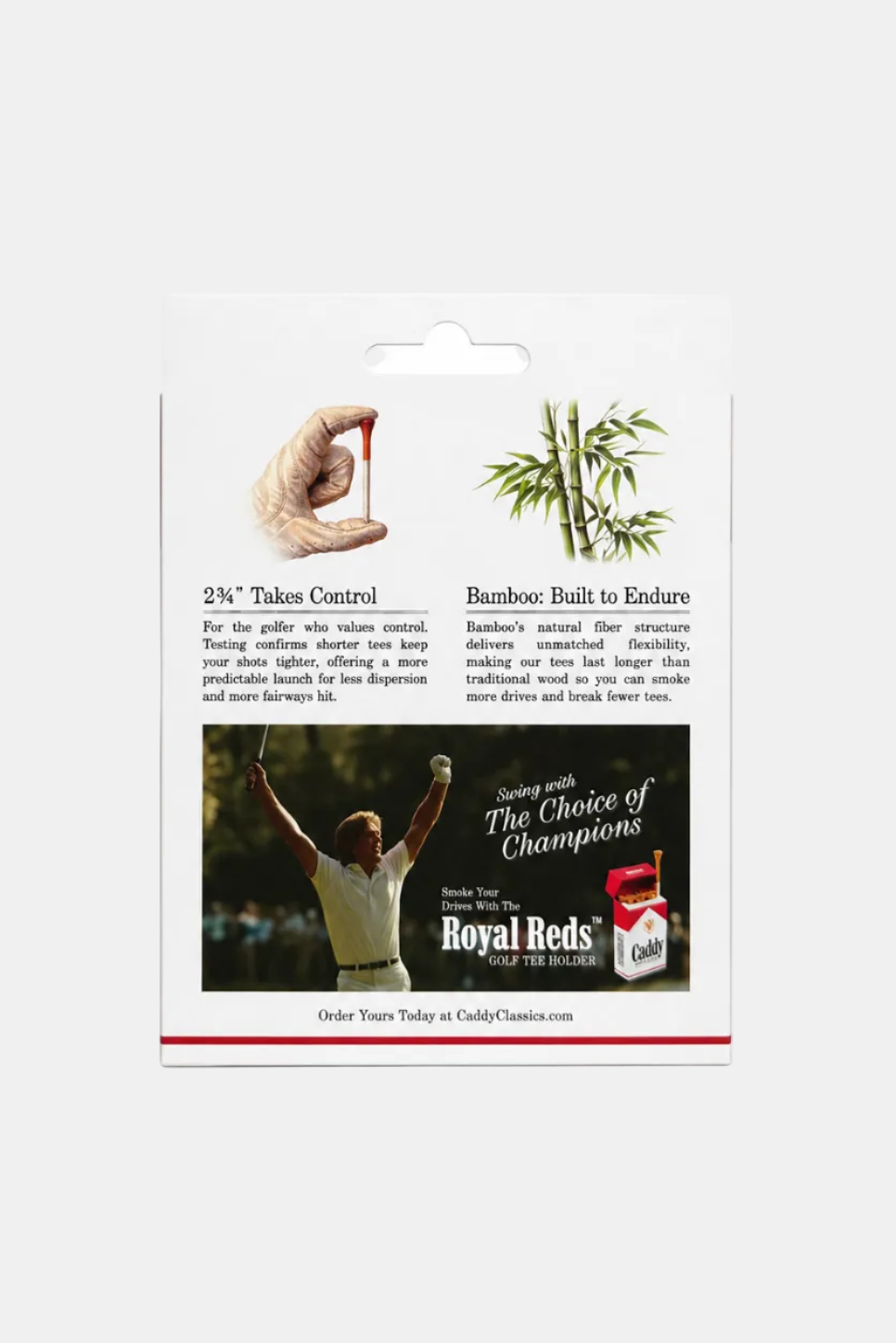 Product packaging with a golf club and promotional text on a white background