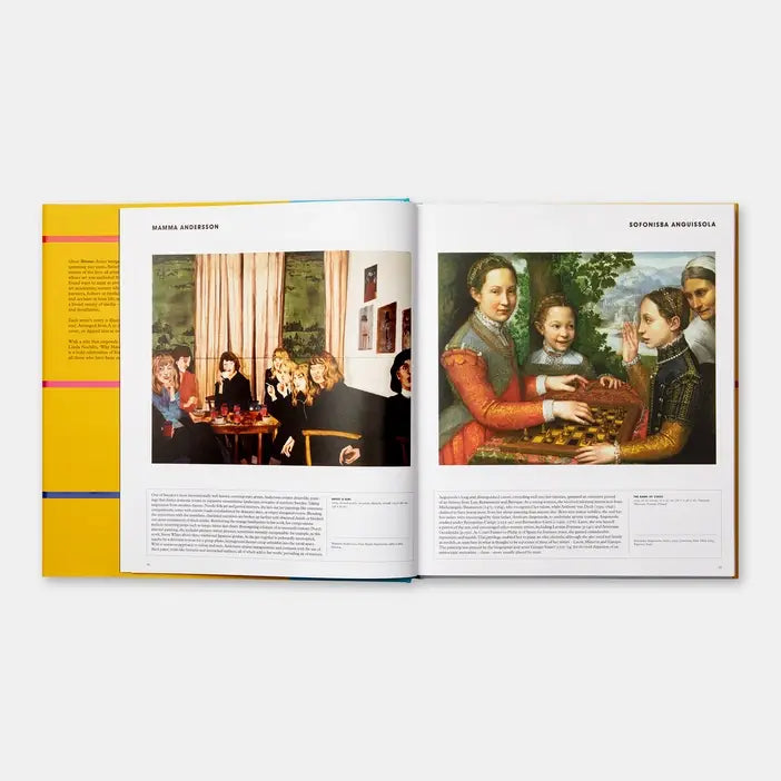 Open book showing a historical painting of a family scene with text on a white background