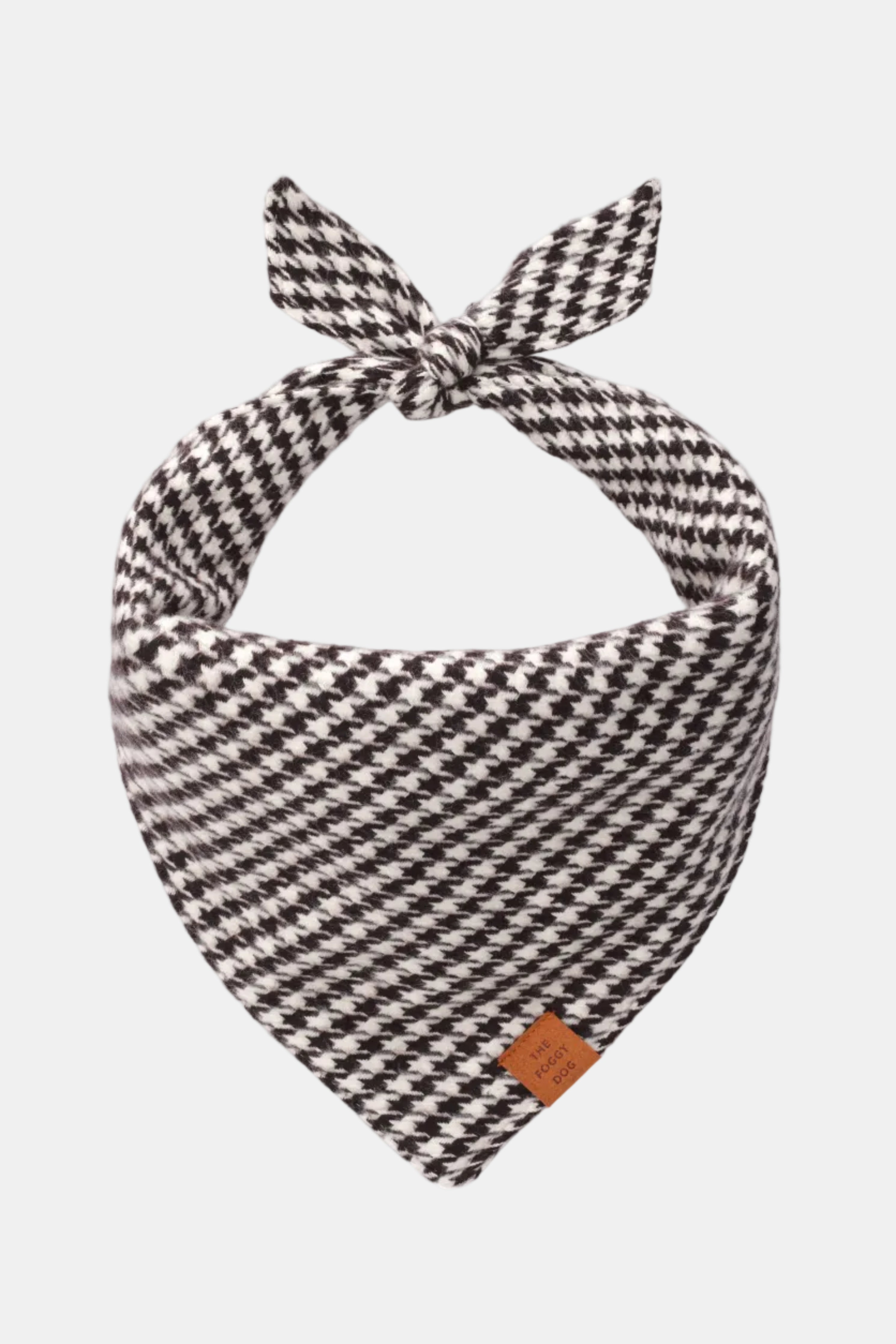 Houndstooth patterned bandana with a brand logo on a white background