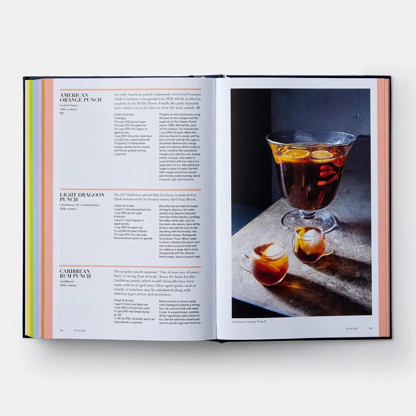 Open book showing a page with cocktail recipes and images of cocktails.
