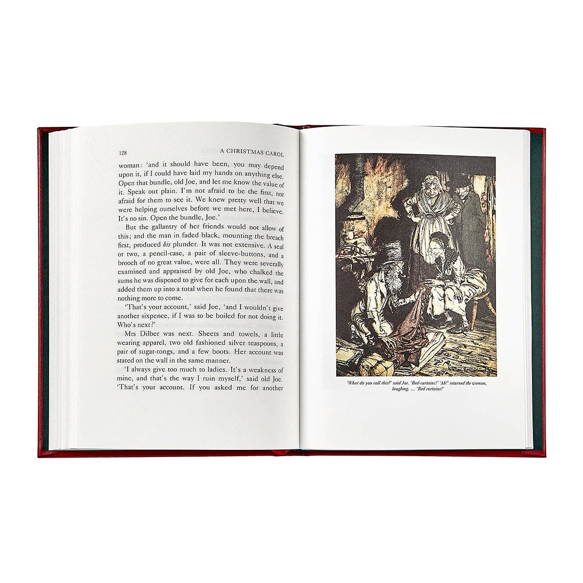 Open book with text and a black and white illustration on a white background