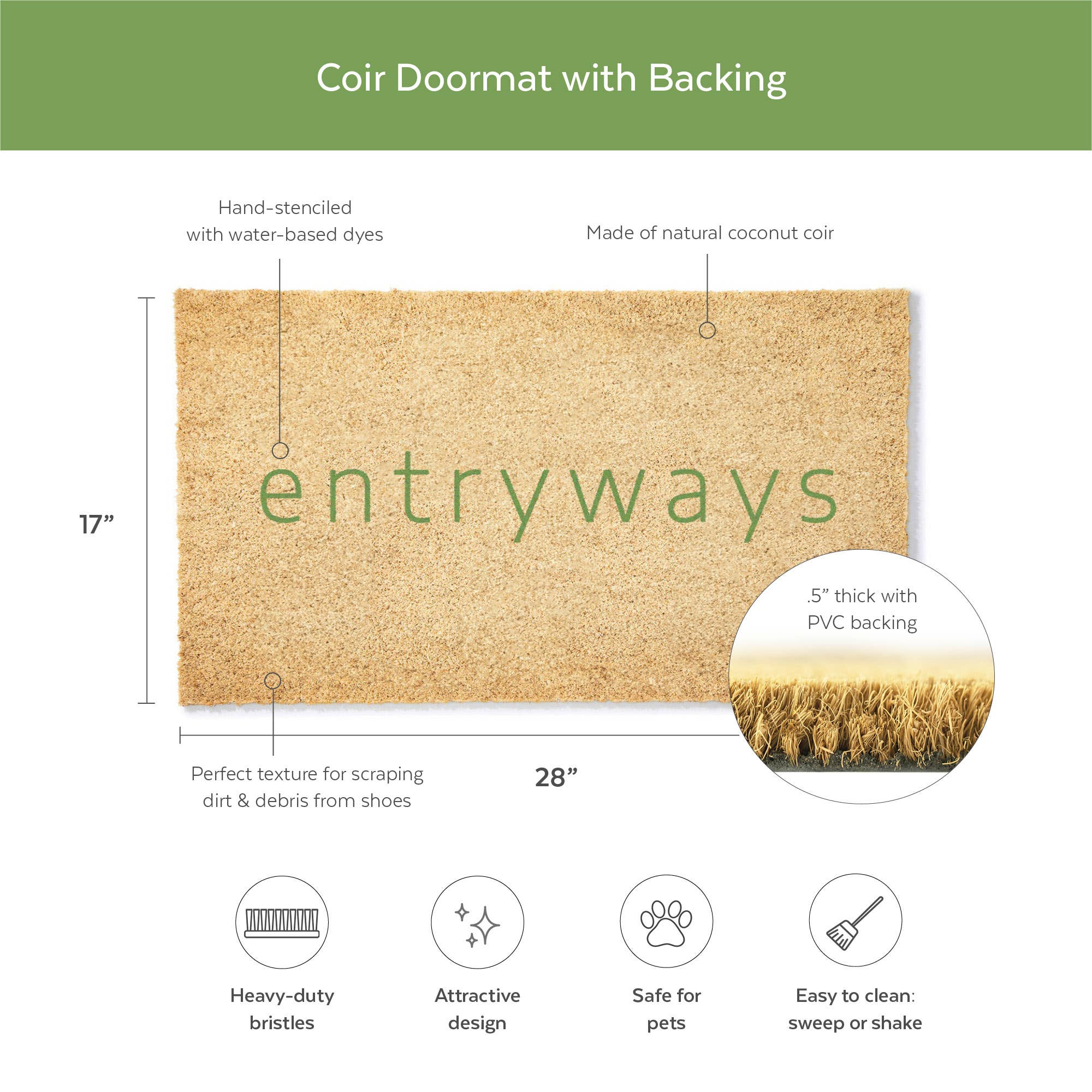 Coir doormat with backing labeled 'entryways' on a white background