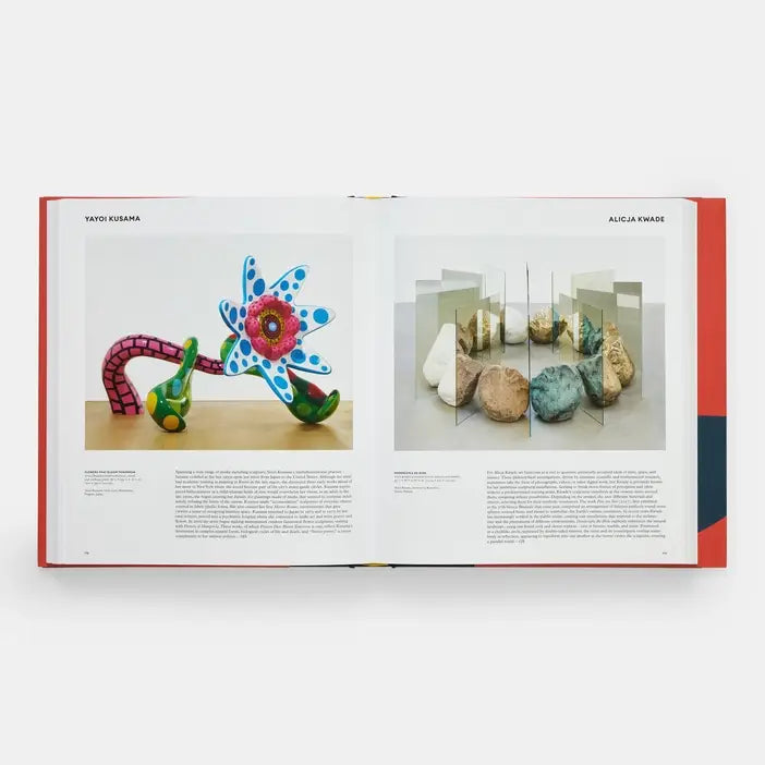 Open book showing colorful sculpture on one page and abstract art installation on the other, on a white background.