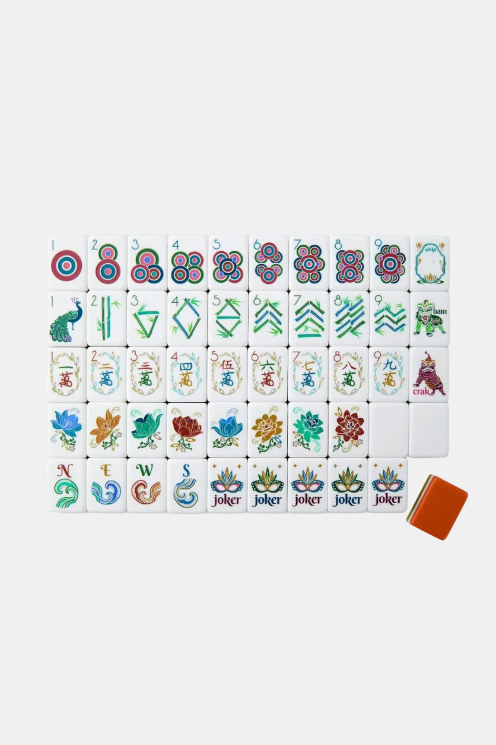 Set of colorful mahjong tiles with jokers on a white background