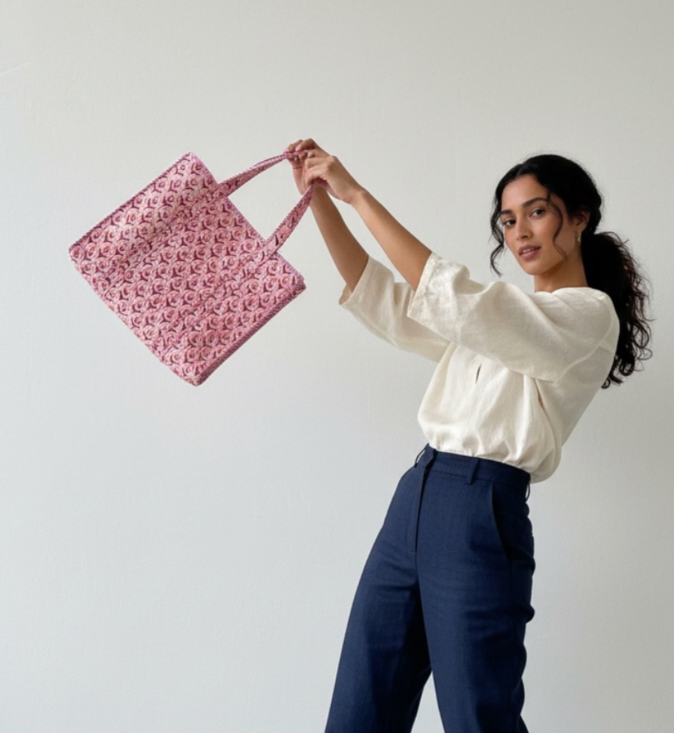 A woman in a white blouse and navy trousers holds up a pink tote bag with an allover repeating floral pattern against a plain light gray background.
