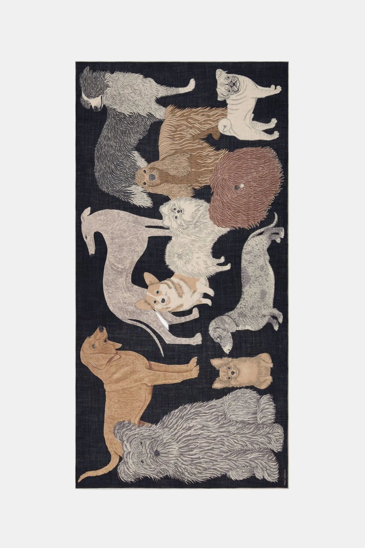 A rectangular area rug featuring a playful pattern of various dog breeds in beige, brown, gray, and white tones on a dark charcoal background.