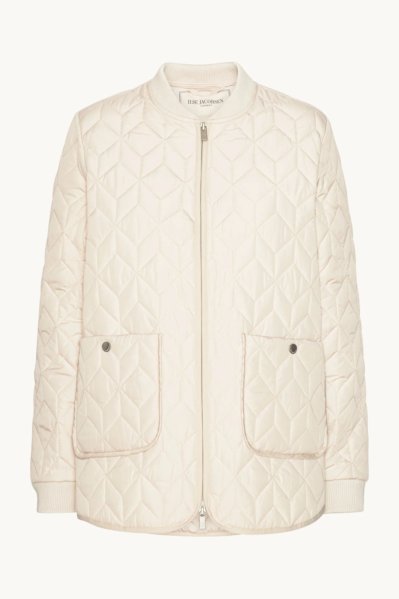 An off-white quilted jacket with a diamond pattern, featuring a full zip front, a stand-up collar, and two front flap pockets with snap buttons, shown against a plain light background.