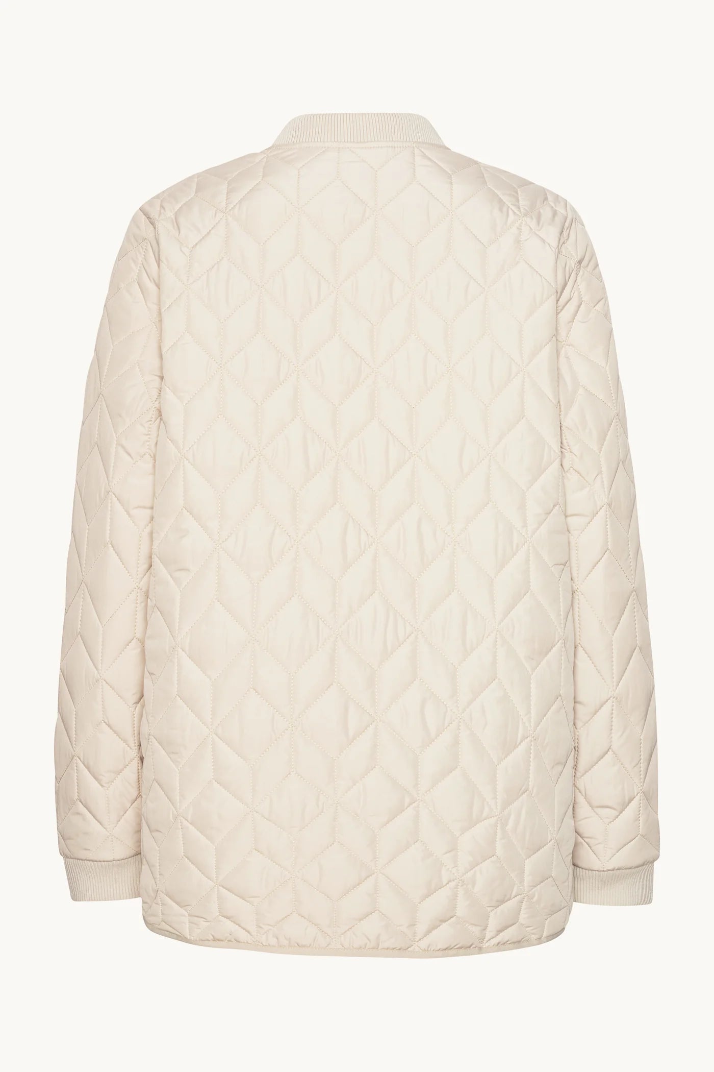 A cream-colored quilted jacket shown from the back, featuring a diamond-quilted pattern and ribbed cuffs and hem, set against a plain off-white background.