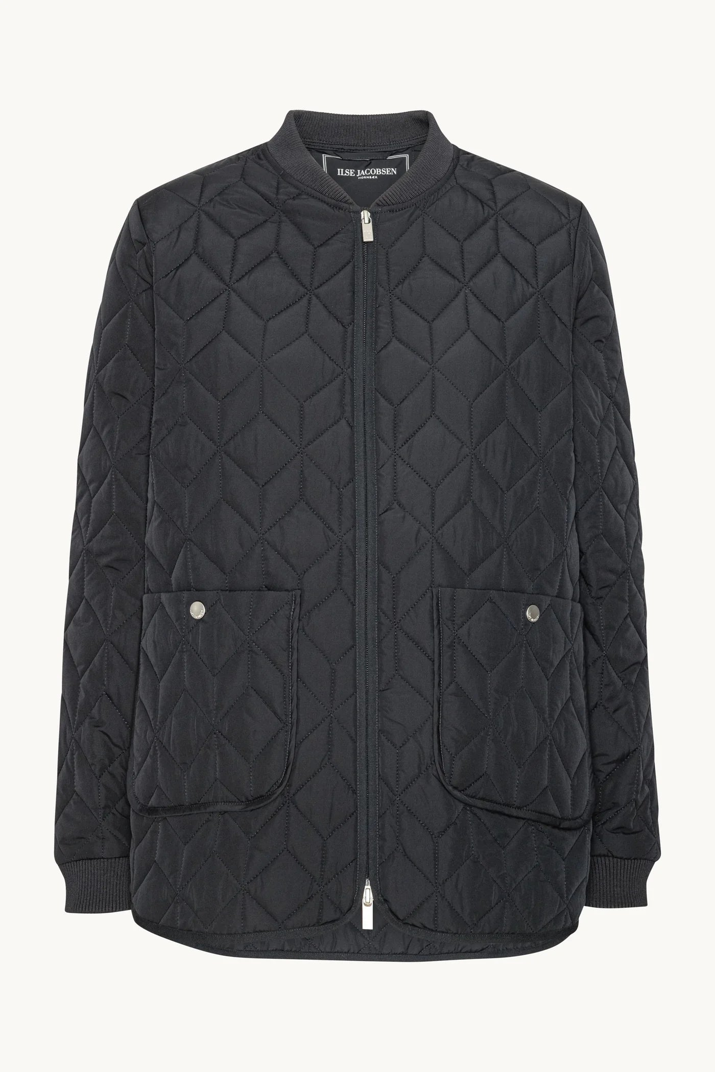 A black quilted zip-up jacket with a geometric diamond pattern, featuring a stand collar, front zipper, and two front flap pockets with silver snap buttons, shown against a plain off-white background.